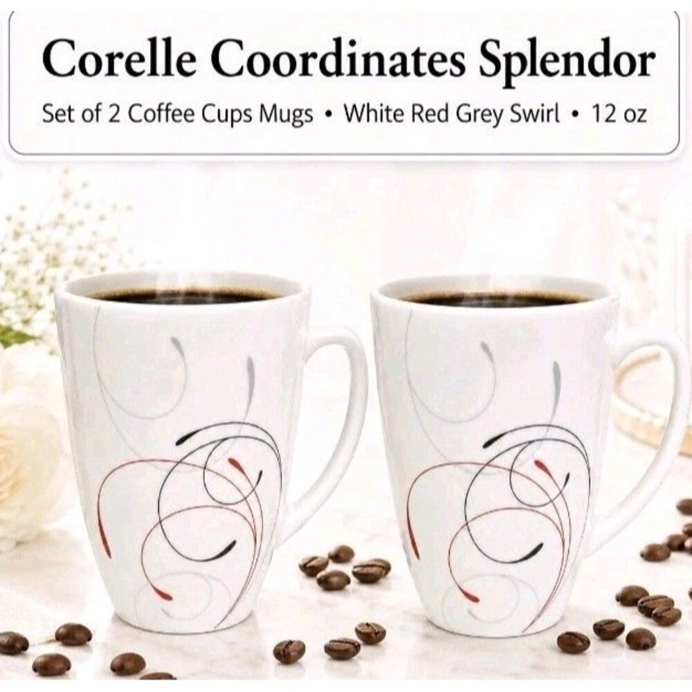 Corelle Coordinates Splendor Porcelain Mug Red & Gray Swirls 12oz Cup  SET OF 2